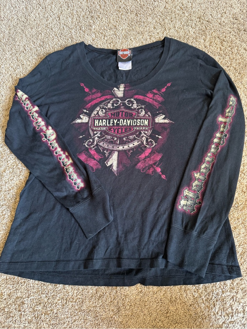 Harley-Davidson Black Long Sleeve Tee with Pink and Cream Logo